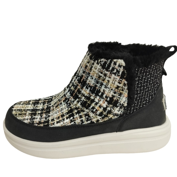 HEY DUDE Mel Boucle Black Moc Boots Women's Faux Fur Lining Flat Sneaker Shoes - Picture 5 of 15